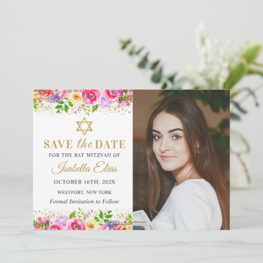 Pink Gold Floral Bat Mitzvah Foto Save the Date (Stehend Vorderseite)
