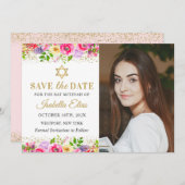 Pink Gold Floral Bat Mitzvah Foto Save the Date (Vorne/Hinten)