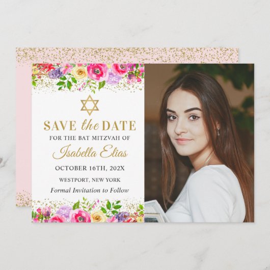 Pink Gold Floral Bat Mitzvah Foto Save the Date (Vorne/Hinten)