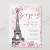 Pink Gold Floral Bonjour Bebe Baby Dusche Einladung (Vorderseite)