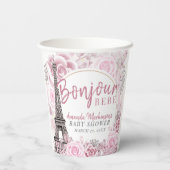 Pink Gold Floral Bonjour Bebe Baby Dusche Pappbecher (Rückseite)