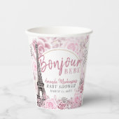 Pink Gold Floral Bonjour Bebe Baby Dusche Pappbecher (Vorderseite)
