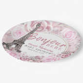 Pink Gold Floral Bonjour Bebe Baby Dusche Pappteller (Schrägansicht)