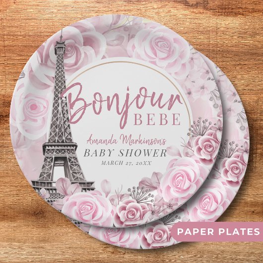 Pink Gold Floral Bonjour Bebe Baby Dusche Pappteller