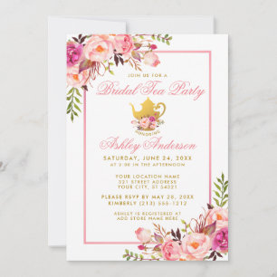 Pink Gold Floral Brautparty Tee Party Einladung PS