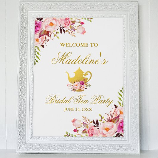 Pink Gold Floral Brautparty Tee Party Willkommen Poster