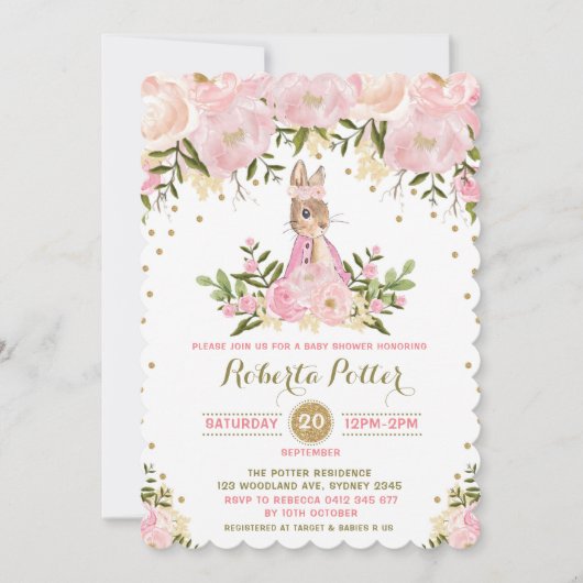 Pink Gold Floral Bunny Rabbit Baby Dusche laden Einladung (Vorderseite)