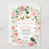Pink Gold Floral Butterfly Babydusche per Post Einladung (Vorderseite)