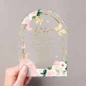 Pink Gold Floral Butterfly Quinceañera Acryleinladungen (Insitu (Handheld))