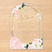 Pink Gold Floral Butterfly Quinceañera Acryleinladungen (Vorderseite)