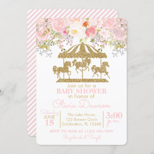 Pink & Gold Floral Carousel Girl Babydusche Einladung