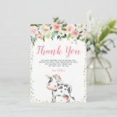 Pink Gold Floral Cow Girl Baby Dusche Dankeskarte (Stehend Vorderseite)