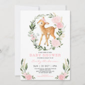 Pink Gold Floral Deer Forest Green Baby Dusche Einladung (Vorderseite)