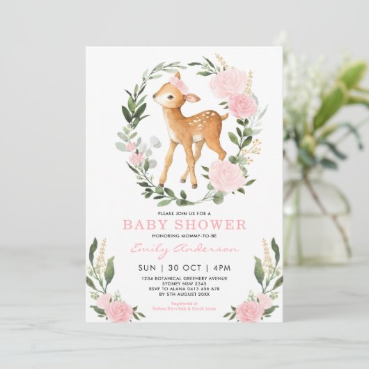 Pink Gold Floral Deer Forest Green Baby Dusche Einladung (Stehend Vorderseite)