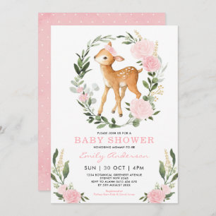 Pink Gold Floral Deer Forest Green Baby Dusche Einladung