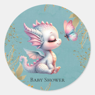 Pink Gold Floral Dragon Butterfly Girl Babydusche Runder Aufkleber