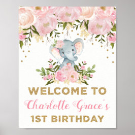 Pink Gold Floral Elefant 1. Geburtstag Willkommen Poster
