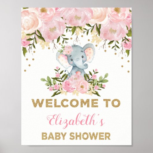 Pink Gold Floral Elephant Baby Dusche Begrüßungsze Poster (Vorne)