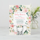 Pink Gold Floral Elephant Girl Baby Dusche Einladung (Stehend Vorderseite)
