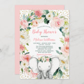 Pink Gold Floral Elephant Girl Baby Dusche Einladung (Vorne/Hinten)