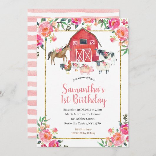 Pink Gold Floral Farm 1. Geburtstag Einladung (Vorne/Hinten)