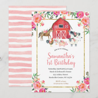 Pink Gold Floral Farm 1. Geburtstag Einladung