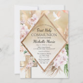 Pink Gold Floral First Holion Girl Einladung (Vorderseite)