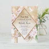 Pink Gold Floral First Holion Girl Einladung (Stehend Vorderseite)