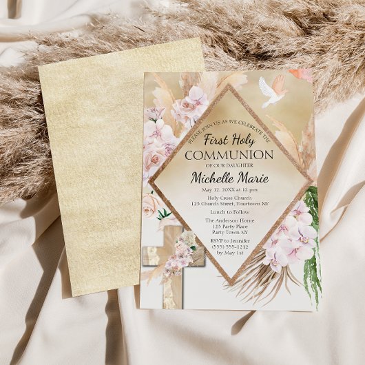 Pink Gold Floral First Holion Girl Einladung