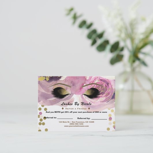 Pink Gold Floral Lashes Freundschaftswerbung Empfehlungskarte (Stehend Vorderseite)