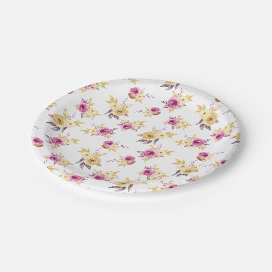 Pink Gold Floral Muster Kinderdusche Pappteller (Schrägansicht)