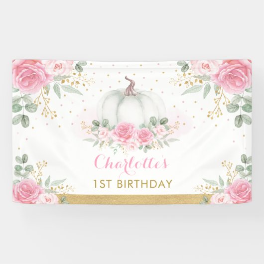 Pink Gold Floral Pumpkin Birthday Baby Girl Party Banner (Horizontal)
