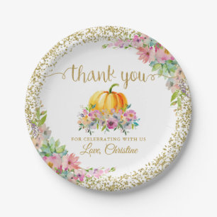 Pink Gold Floral Pumpkin Fall Party Vielen Dank Pappteller