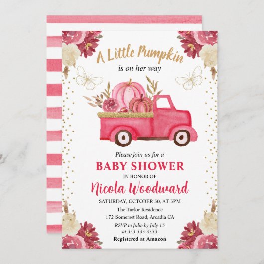 Pink & Gold Floral Pumpkin Truck Fall Baby Dusche Einladung (Vorne/Hinten)