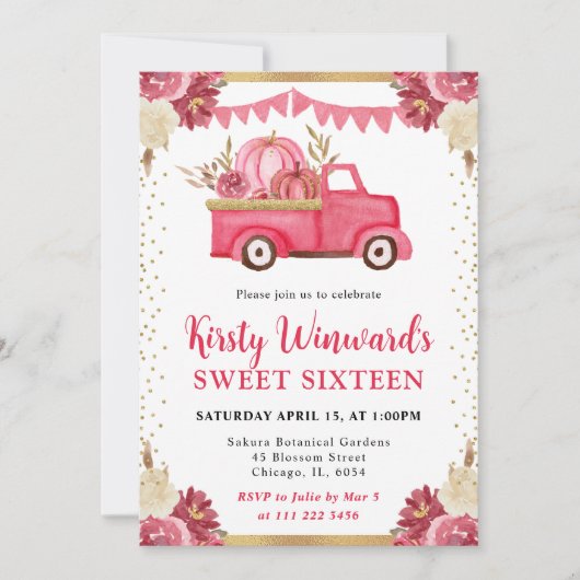 Pink Gold Floral Pumpkin Truck Fall Sweet 16 Einladung (Vorderseite)