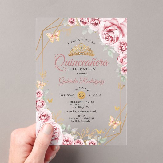 Pink Gold Floral Quinceanera Acryleinladungen (Insitu (Handheld))