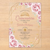 Pink Gold Floral Quinceanera Acryleinladungen (Vorderseite)