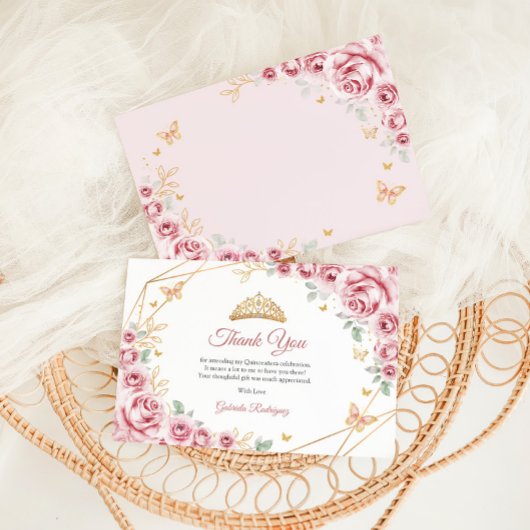 Pink Gold Floral Quinceanera Dankeskarte