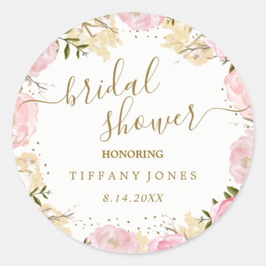 Pink Gold Floral Rose Watercolor Brautparty Runder Aufkleber (Vorderseite)