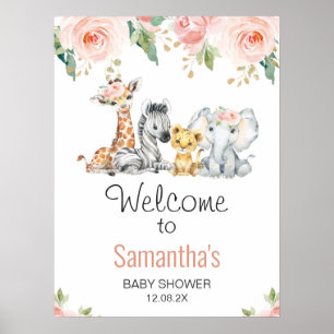 Pink Gold Floral Safari Baby Dusche Begrüßungszeic Poster