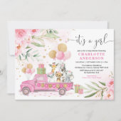 Pink Gold Floral Safari Tiere Girl Baby Dusche Einladung (Vorderseite)