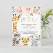Pink Gold Floral Safari Tiere Kinderdusche Einladung (Stehend Vorderseite)