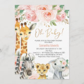 Pink Gold Floral Safari Tiere Kinderdusche Einladung (Vorne/Hinten)