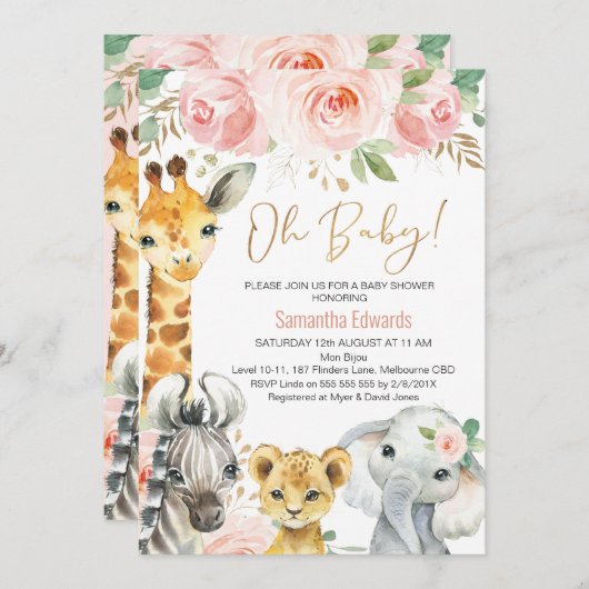 Pink Gold Floral Safari Tiere Kinderdusche Einladung (Vorne/Hinten)