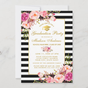 Pink Gold Floral Striped Graduation Party Einladun Einladung
