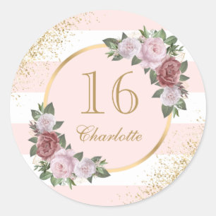 Pink Gold Floral Sweet 16 Geburtstag Runder Aufkleber