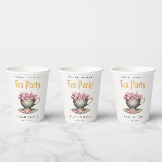 Pink Gold Floral Teacup Brautparty Teezeremonie Pa Pappbecher (Multi)