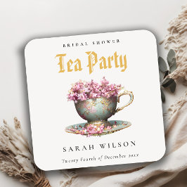 Pink Gold Floral Teacup Brautparty Teezeremonie Pa Rechteckiger Pappuntersetzer