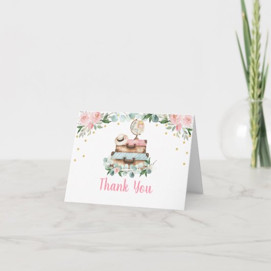 Pink Gold Floral Travel Brautparty Dankeskarte (Vorderseite)