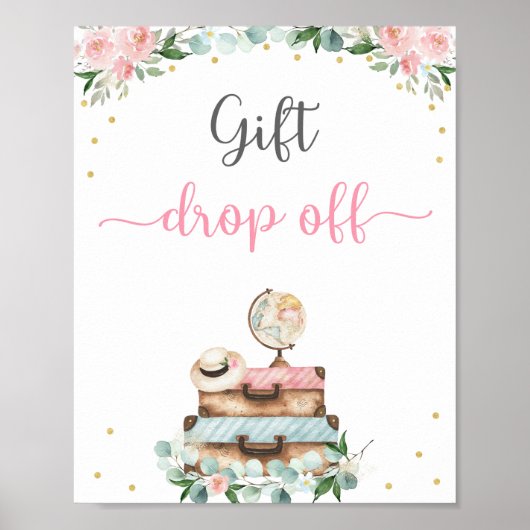 Pink Gold Floral Travel Brautparty Geschenksign Poster (Vorne)